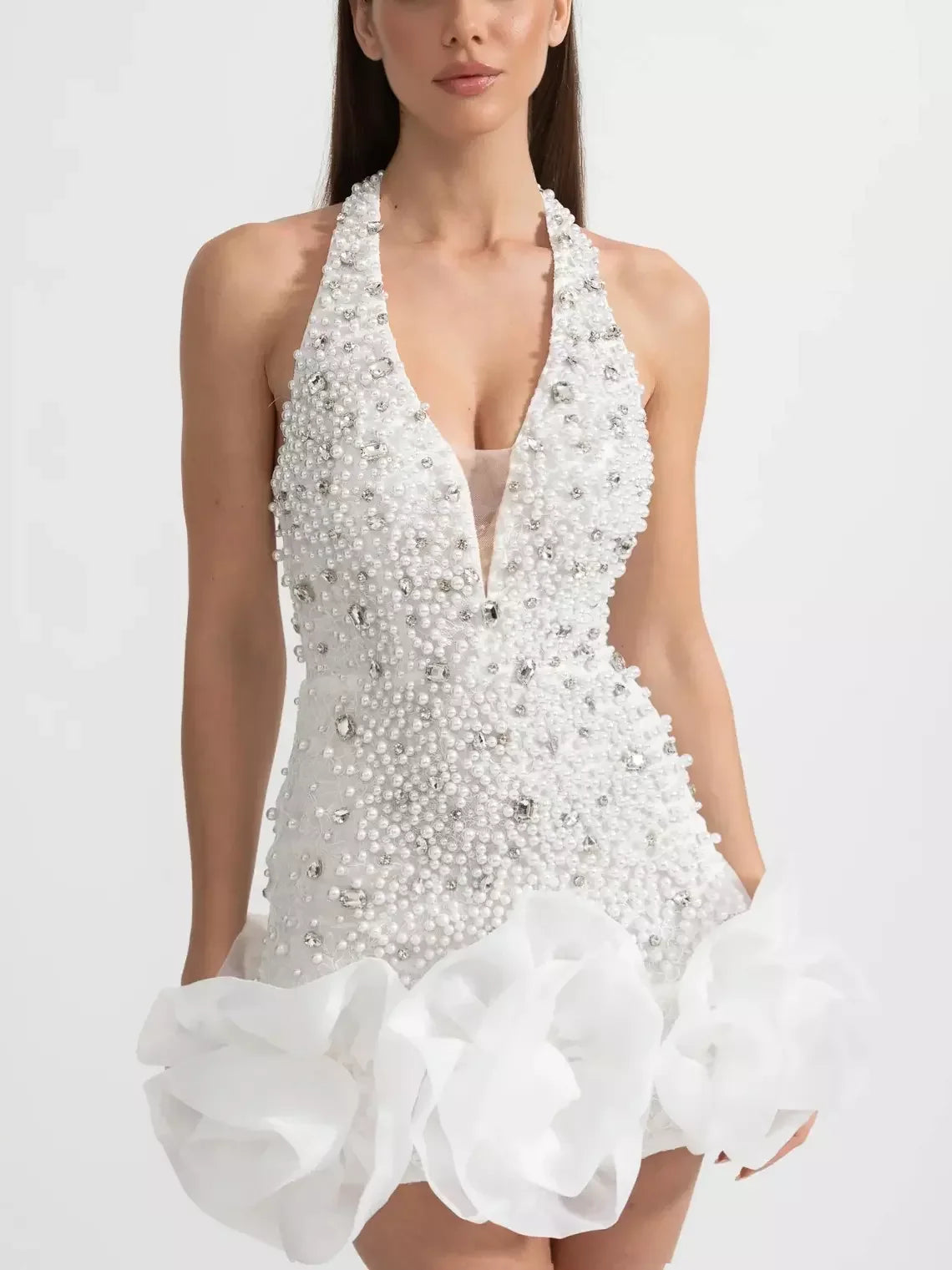 Embellished V-Neck White Mini Dress - Small - Dresses