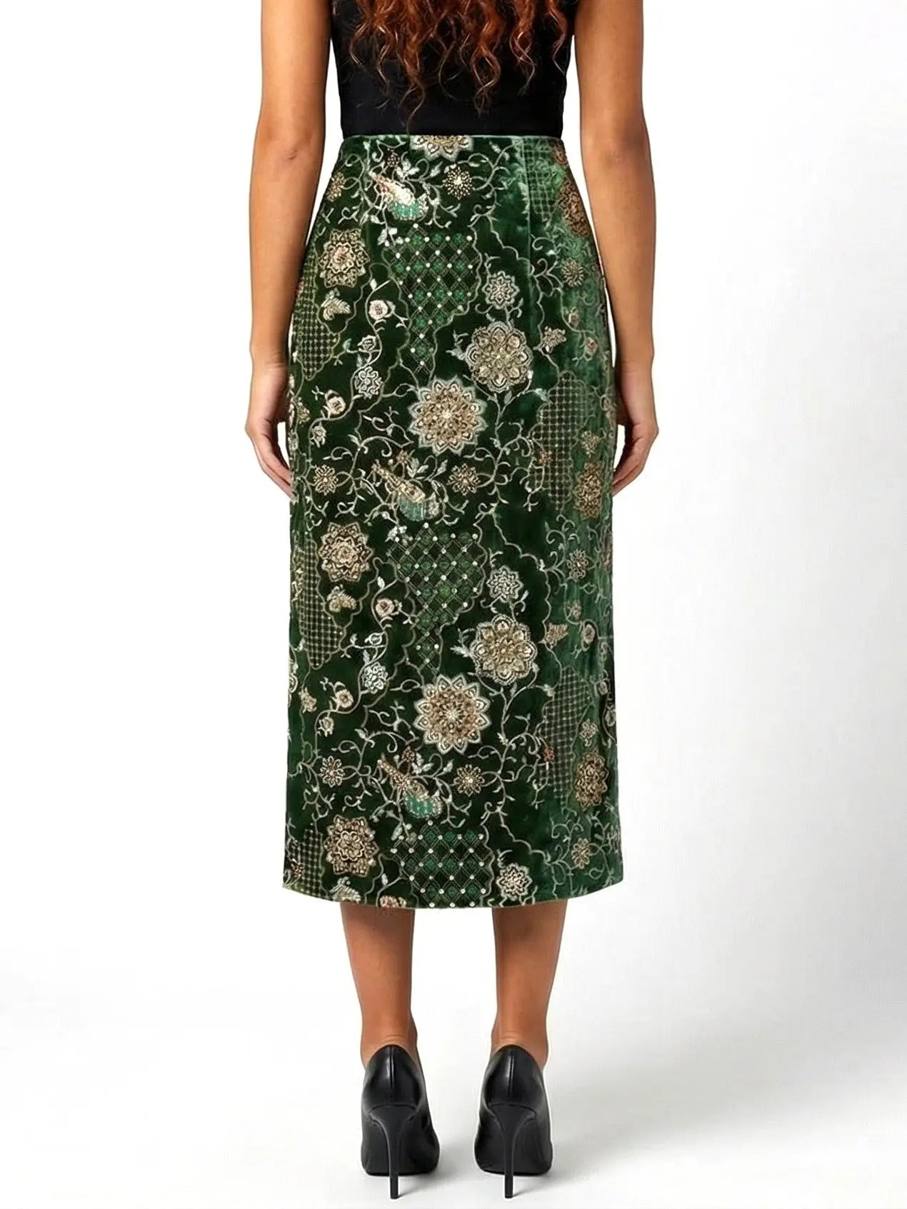 Embellished Velvet Column Skirt with Embroidery - Skirts
