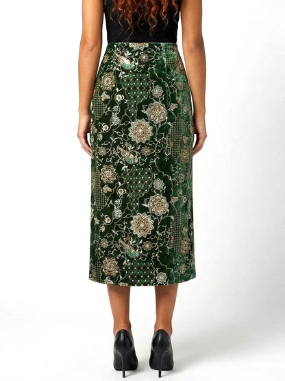 Embellished Velvet Column Skirt with Embroidery - Skirts