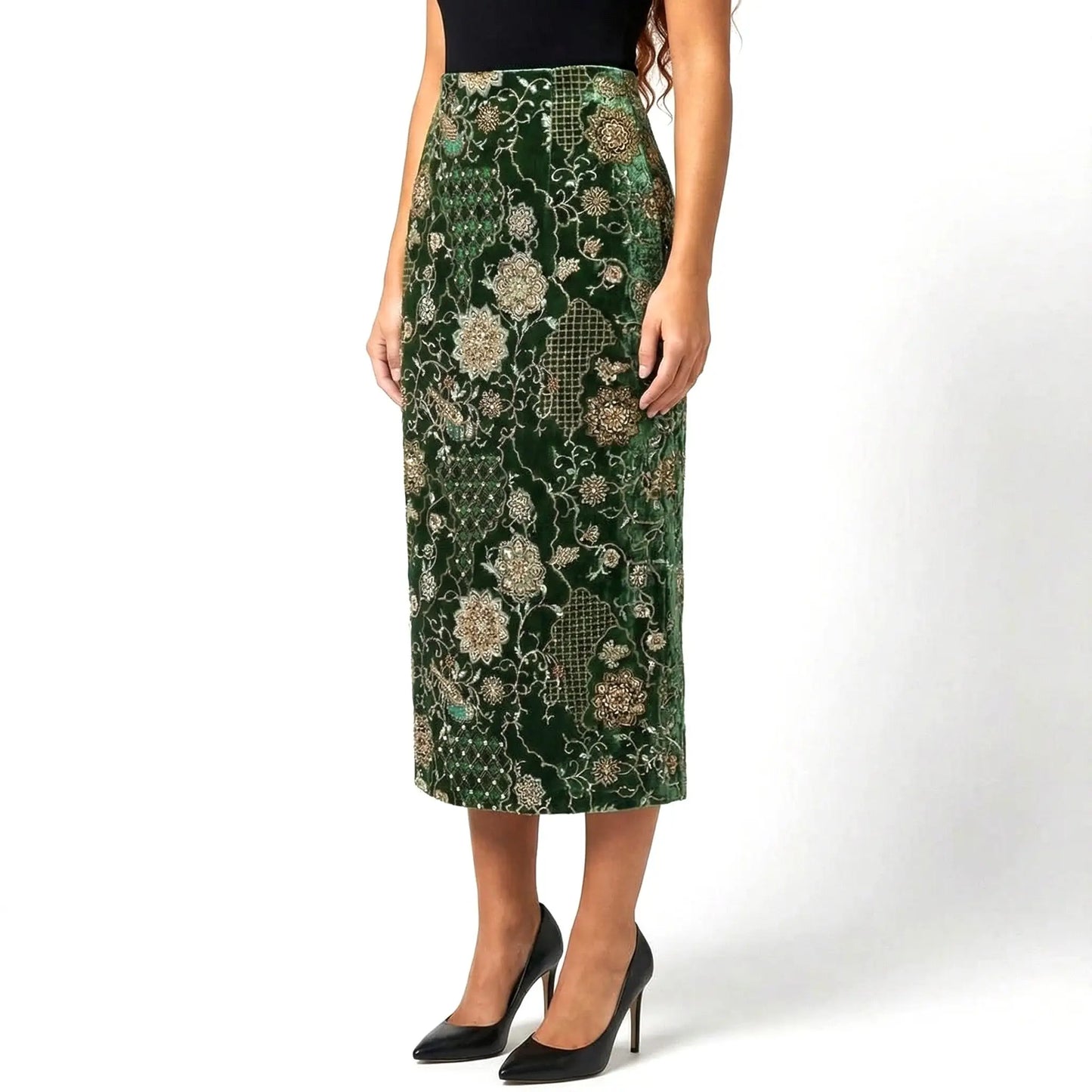 Embellished Velvet Column Skirt with Embroidery - Skirts