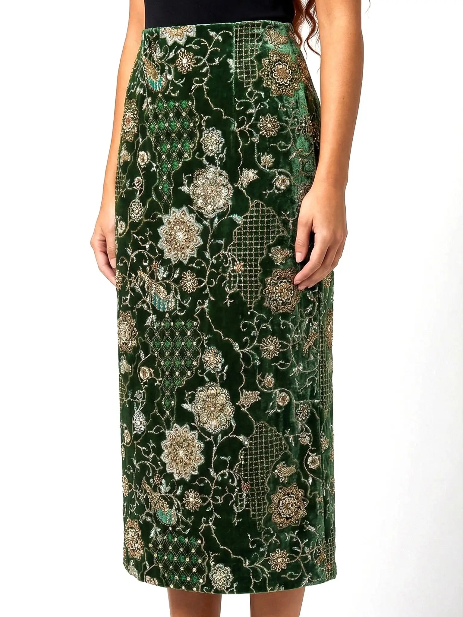 Embellished Velvet Column Skirt with Embroidery - Skirts