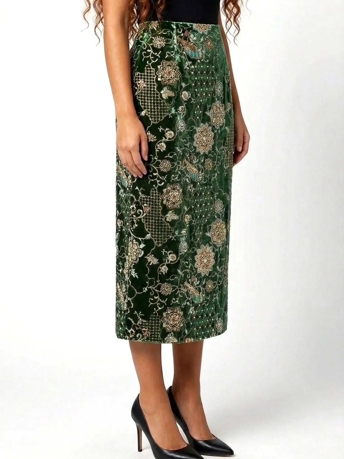 Embellished Velvet Column Skirt with Embroidery - Skirts
