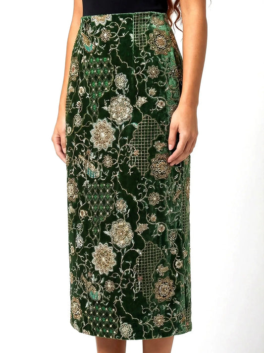 Embellished Velvet Column Skirt with Embroidery - Skirts
