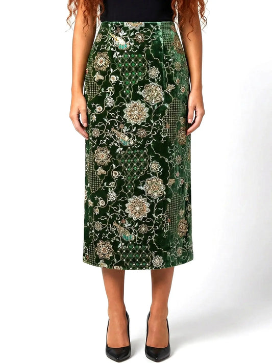Embellished Velvet Column Skirt with Embroidery - Skirts
