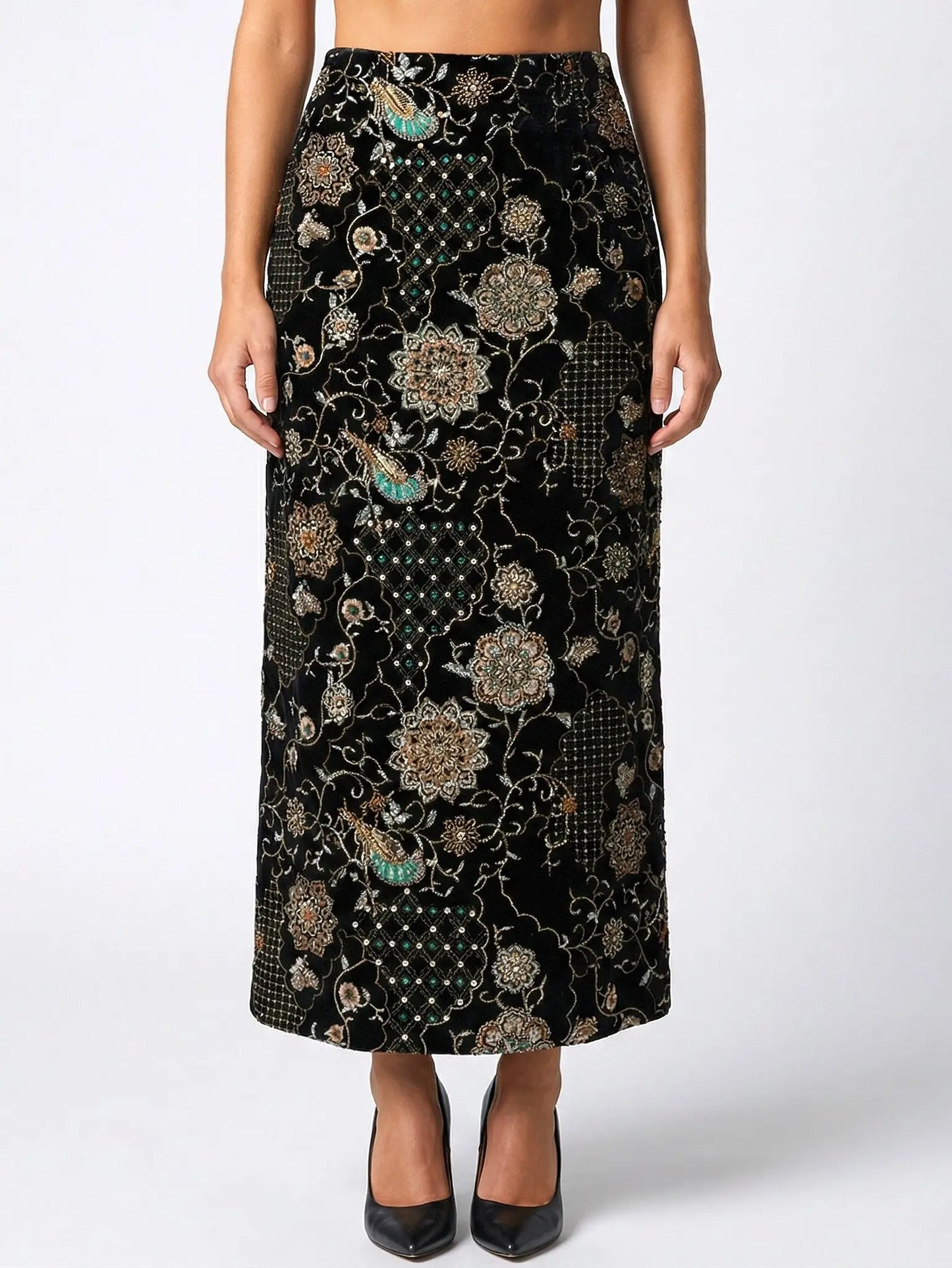 Embellished Velvet Column Skirt with Embroidery - S / Black - Skirts