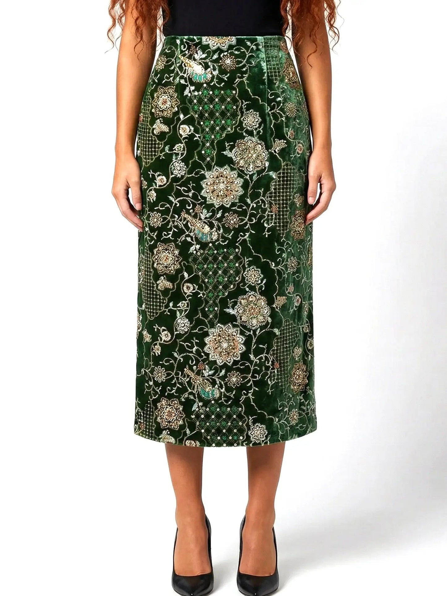 Embellished Velvet Column Skirt with Embroidery - S / Green - Skirts