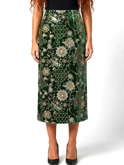 Embellished Velvet Column Skirt with Embroidery - S / Green - Skirts