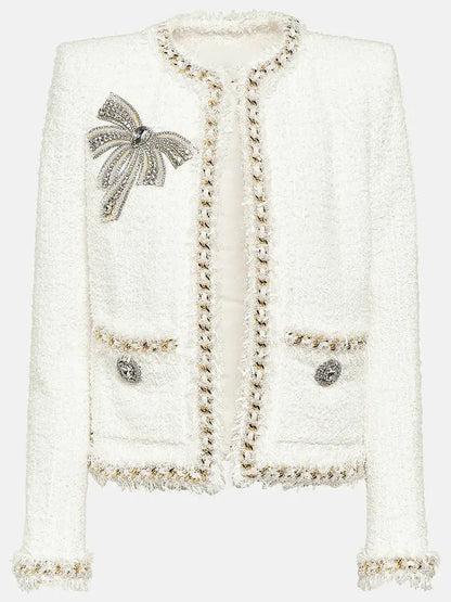 Embellished White Tweed Jacket - Jackets