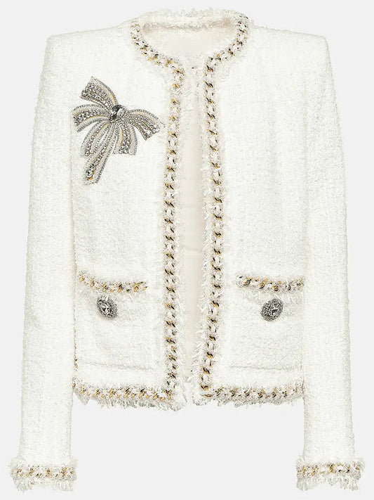 Embellished White Tweed Jacket - Jackets