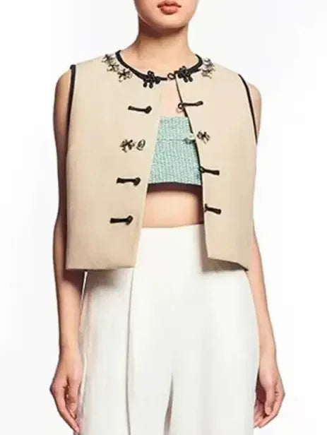 Embellished Wool and Linen Cropped Vest Top - Tops