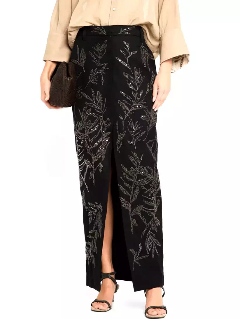 Embroidered black cotton and linen front-slit skirt with elegant embellishments