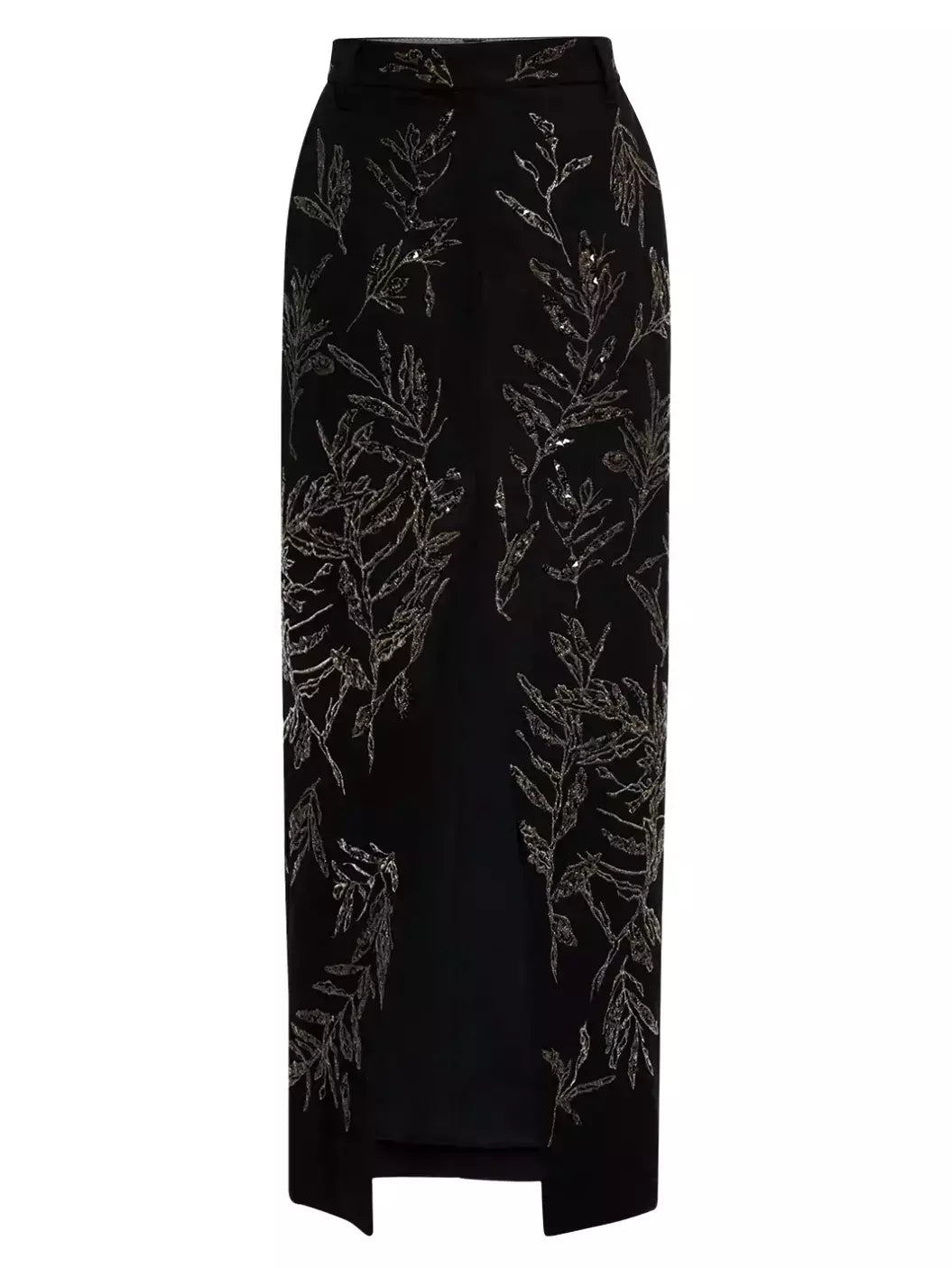 Embroidered Black Cotton and Linen Front-Slit Skirt with elegant embellishments