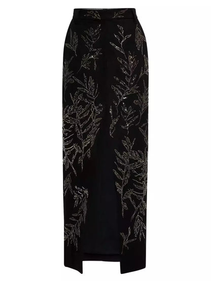 Embroidered Black Cotton and Linen Front-Slit Skirt with elegant embellishments