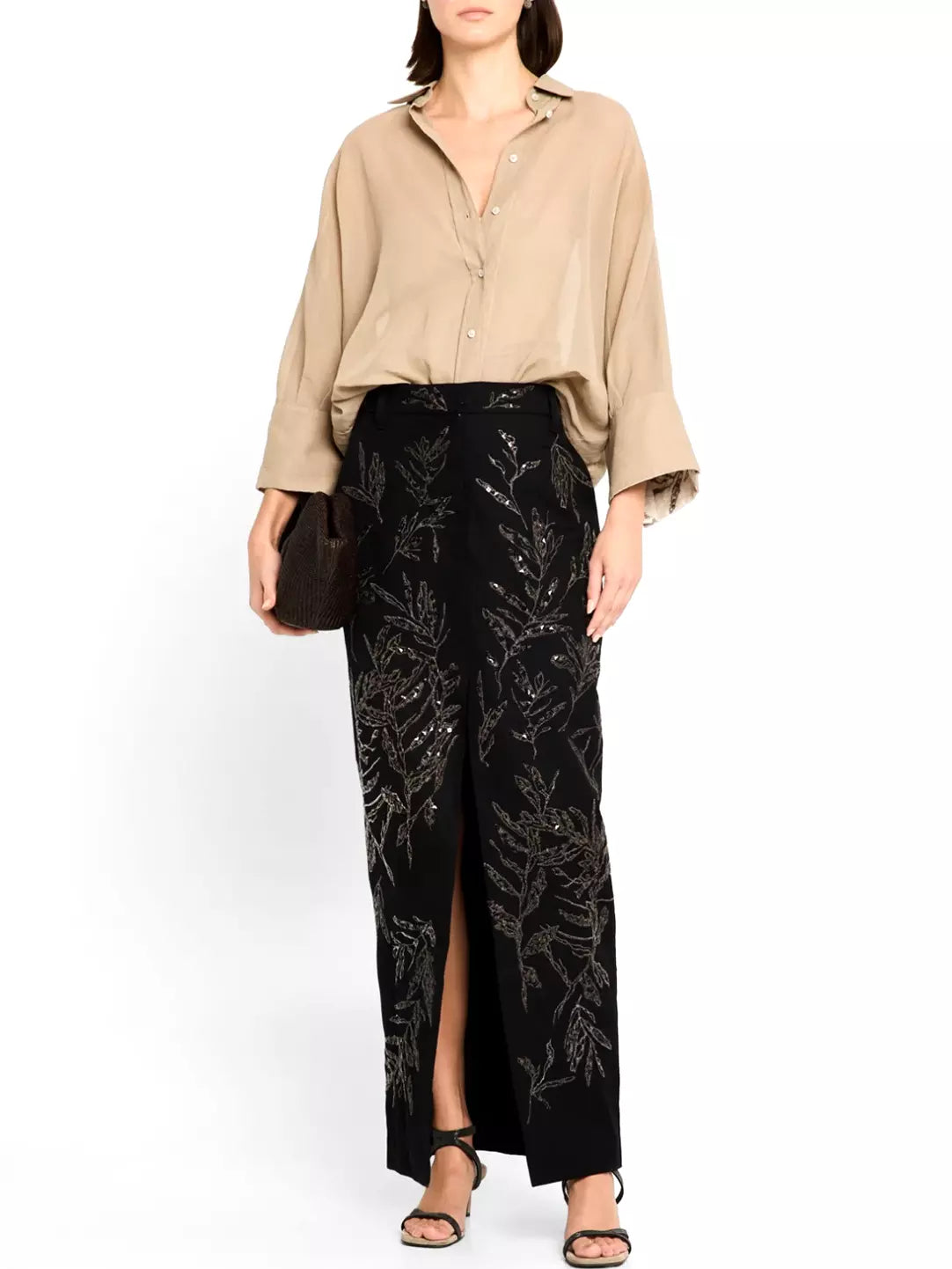 Embroidered Black Cotton and Linen Front-Slit Skirt with leaf embellishments
