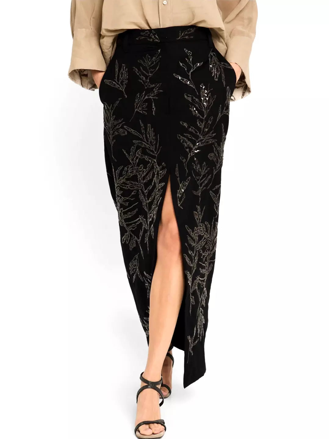 Embroidered black cotton and linen front-slit skirt with floral embellishments