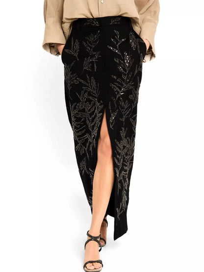 Embroidered black cotton and linen front-slit skirt with floral embellishments