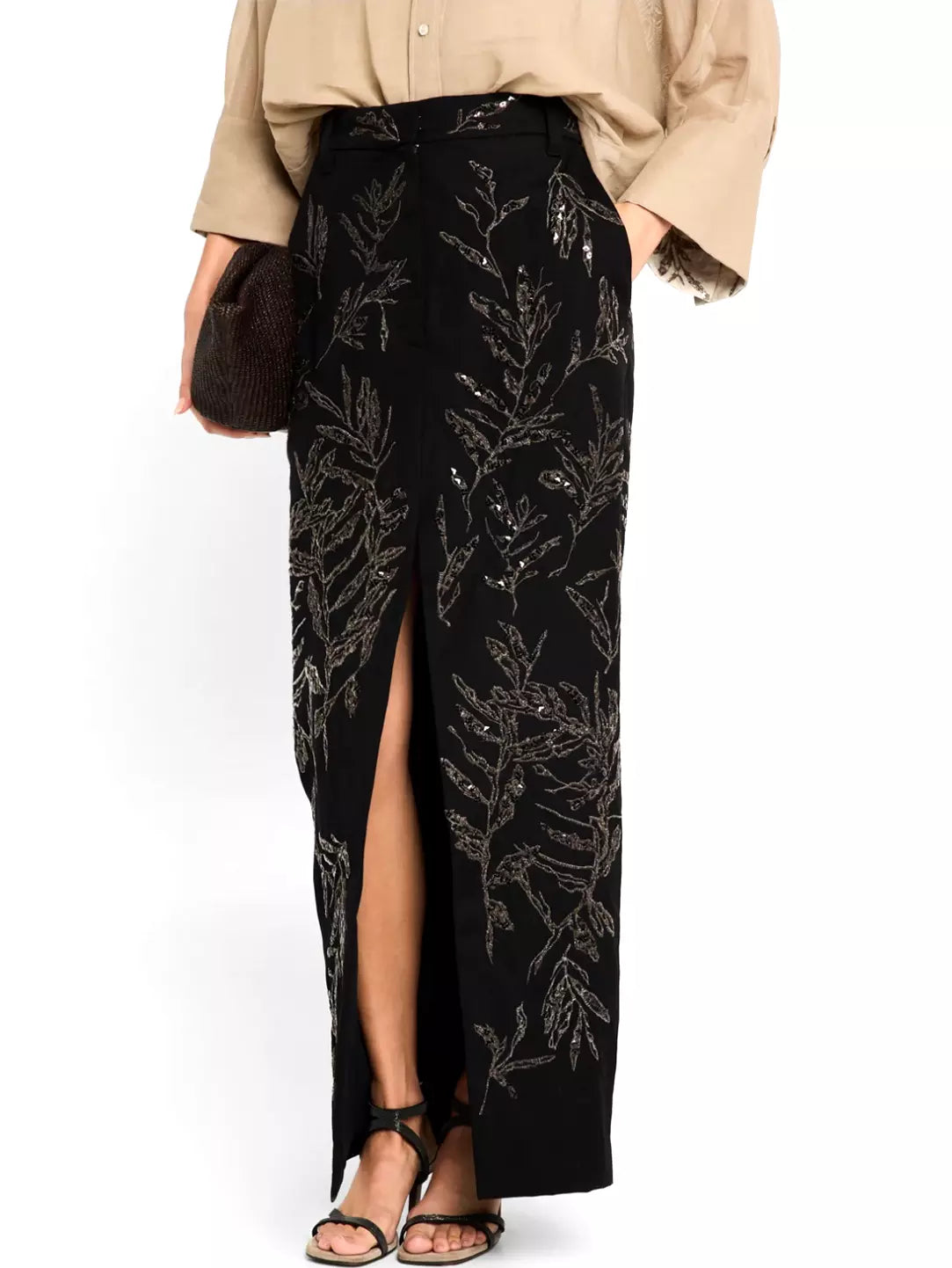 Embroidered black cotton and linen front-slit skirt with leaf embellishments