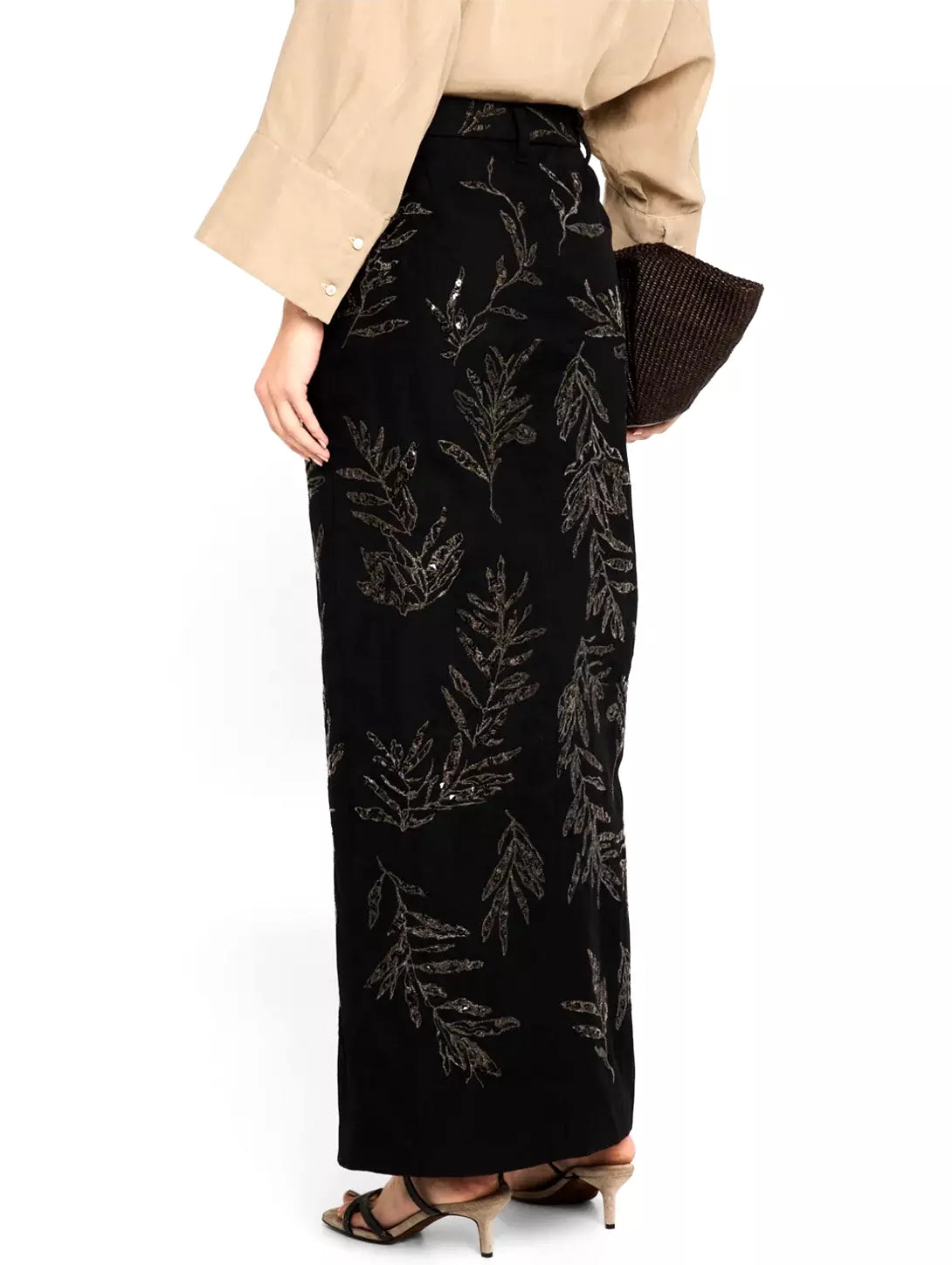 Embroidered black cotton and linen front-slit skirt with leaf embellishments
