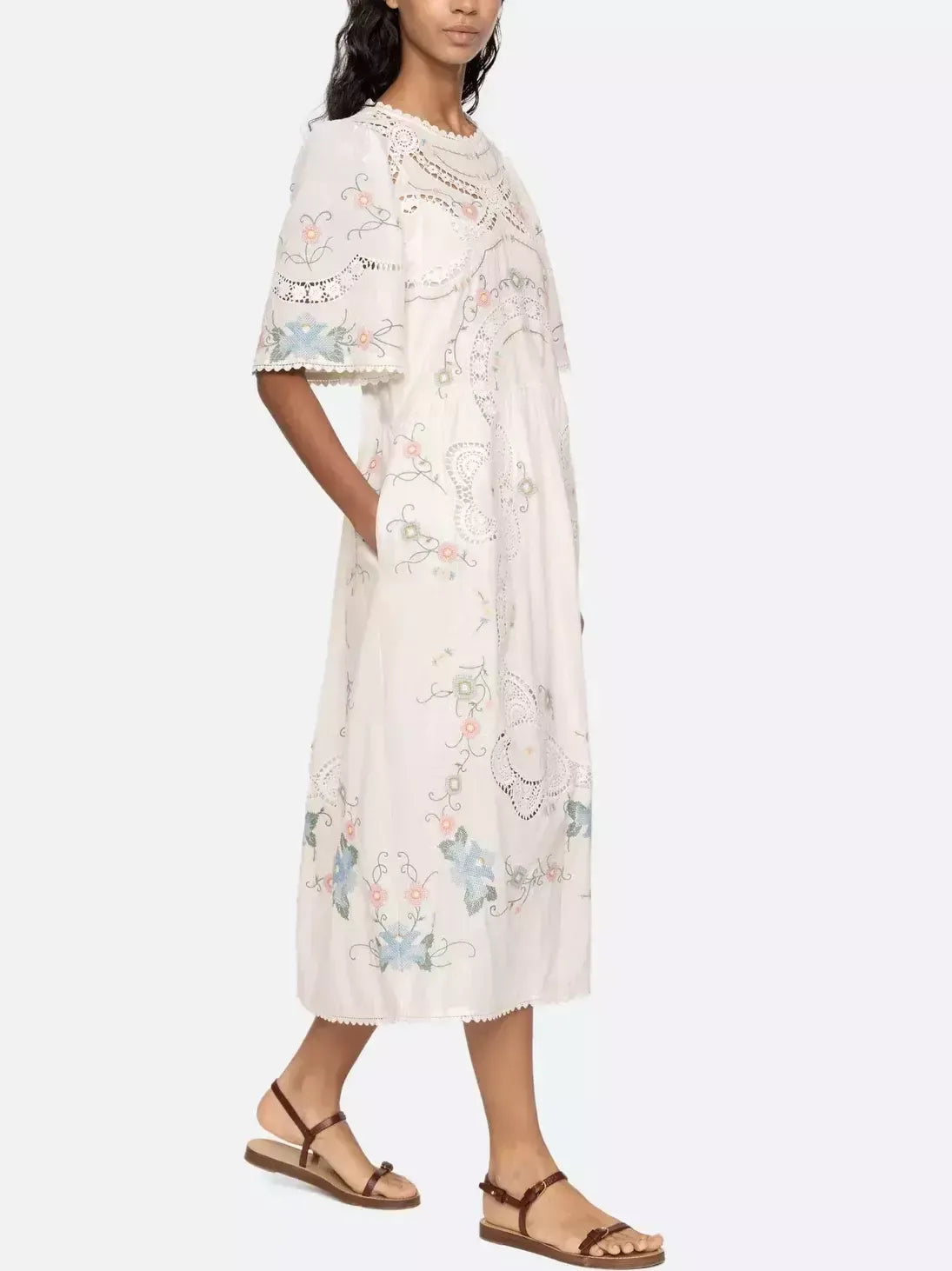 Embroidered Cotton Linen Midi Dress White Free Shipping
