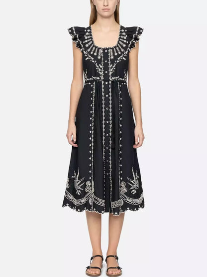Embroidered Cotton Frill Midi Dress in Black - Dresses