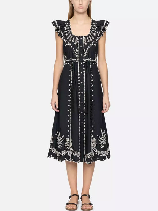 Embroidered Cotton Frill Midi Dress in Black - Dresses