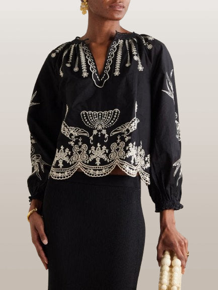 Embroidered Cotton Poplin Blouse in Black - Tops