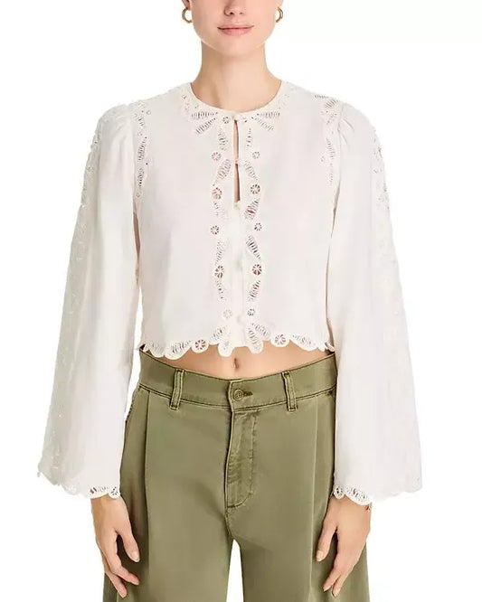 Embroidered Cotton White Puff-Sleeve Blouse - Tops