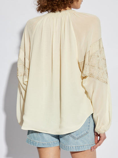 Embroidered Cream Blouse with Front Tassel Ties - Tops