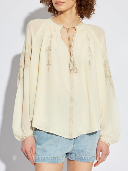 Embroidered Cream Blouse with Front Tassel Ties - Tops