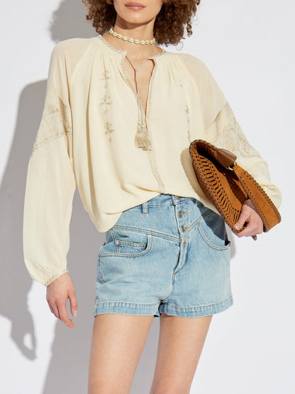 Embroidered Cream Blouse with Front Tassel Ties - Tops