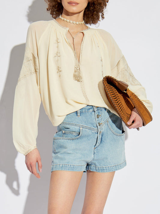 Embroidered Cream Blouse with Front Tassel Ties - Tops