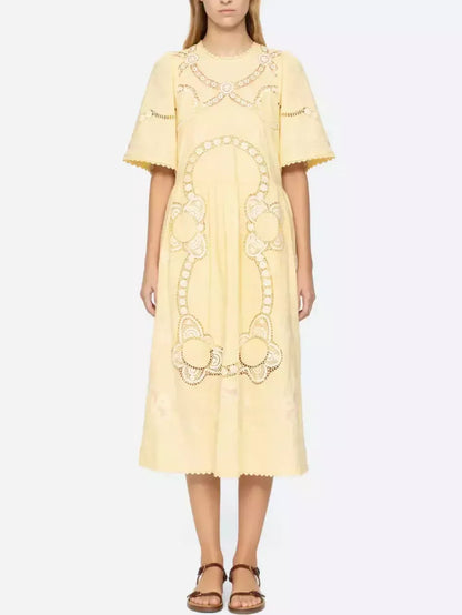 Embroidered Cut-Out Midi Dress in Yellow - Dresses