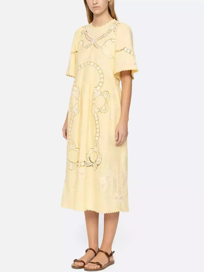 Embroidered Cut-Out Midi Dress in Yellow - Dresses