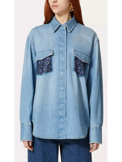 Embroidered Denim Shirt - Tops