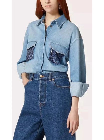 Embroidered Denim Shirt - Tops