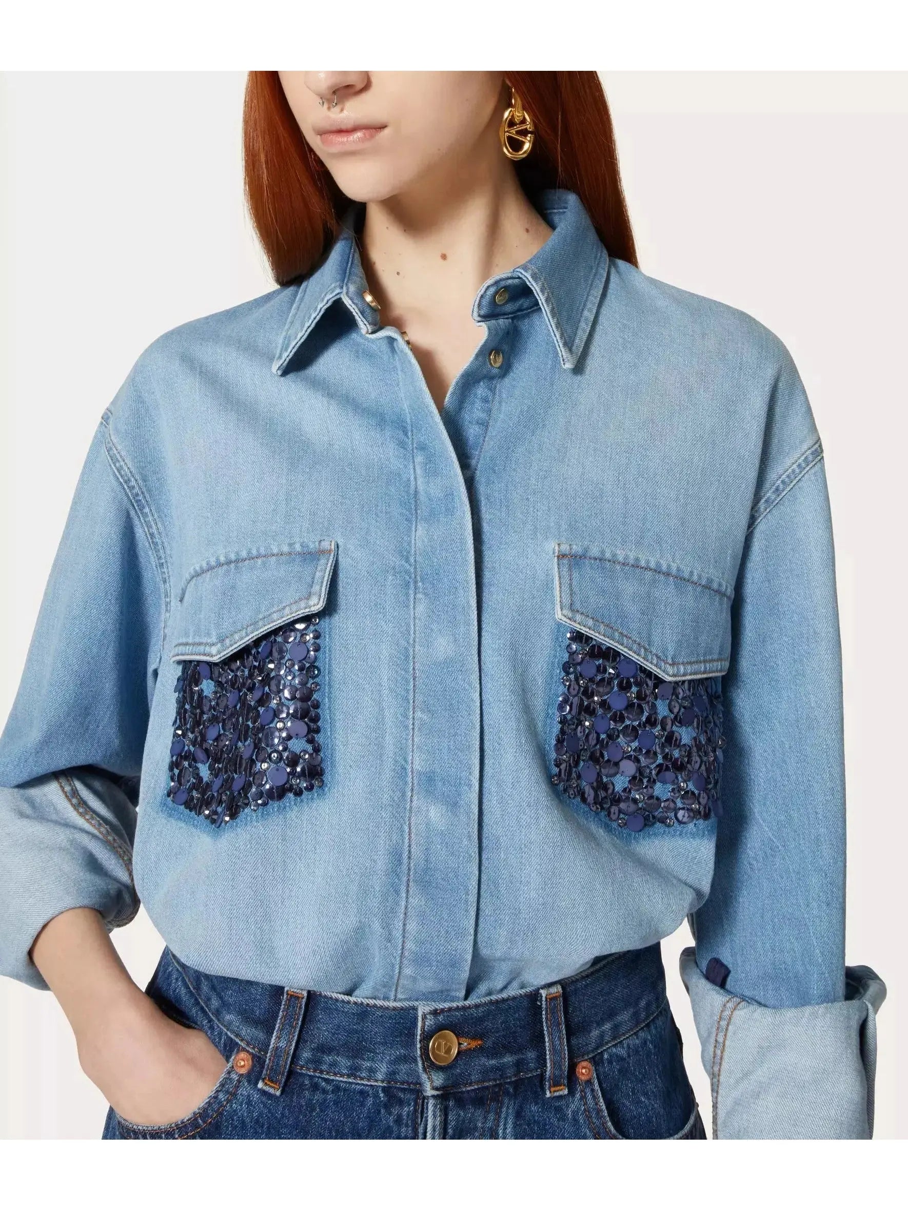 Embroidered Denim Shirt - Tops