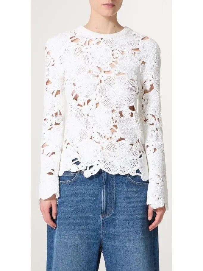 Embroidered Floral Cut-out Crochet-Effect Sweater in White - Sweaters & Knitwear