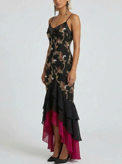 Embroidered Floral High-Low Midi Dress with Fringe - Dresses