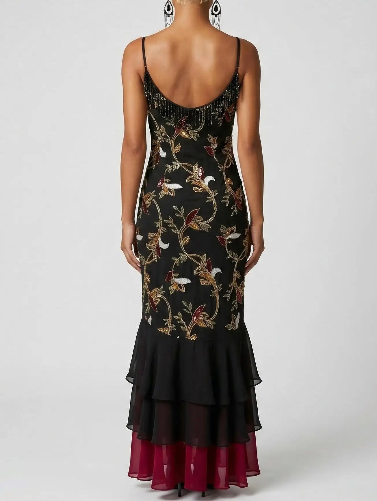 Embroidered Floral High-Low Midi Dress with Fringe - Dresses