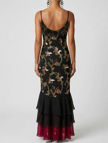 Embroidered Floral High-Low Midi Dress with Fringe - Dresses