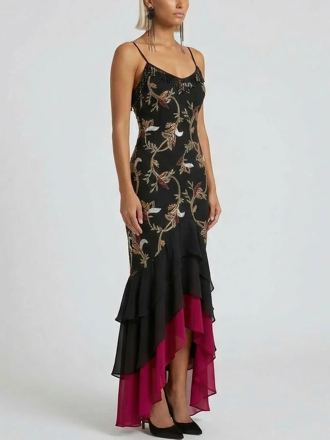 Embroidered Floral High-Low Midi Dress with Fringe - Dresses