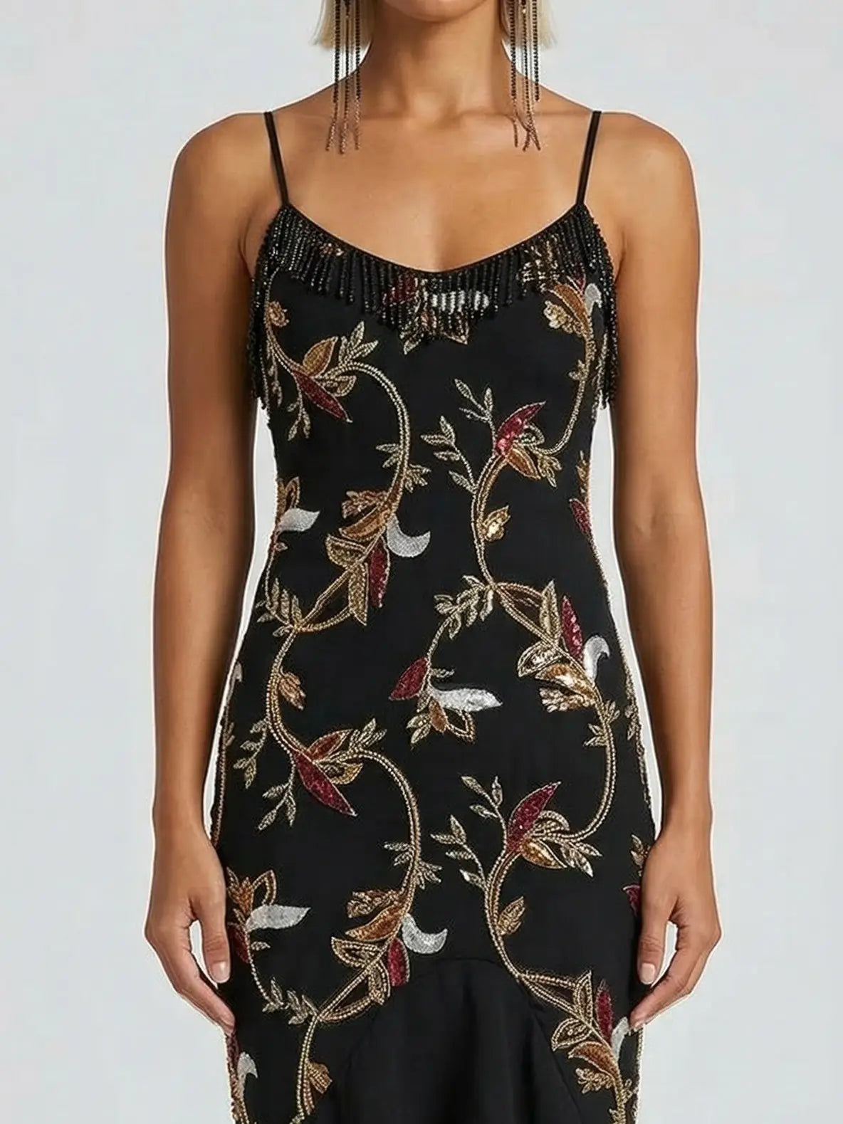 Embroidered Floral High-Low Midi Dress with Fringe - Dresses