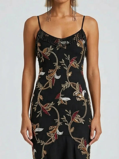 Embroidered Floral High-Low Midi Dress with Fringe - Dresses