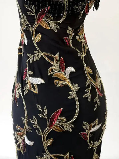 Embroidered Floral High-Low Midi Dress with Fringe - Dresses