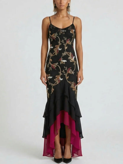 Embroidered Floral High-Low Midi Dress with Fringe - Dresses