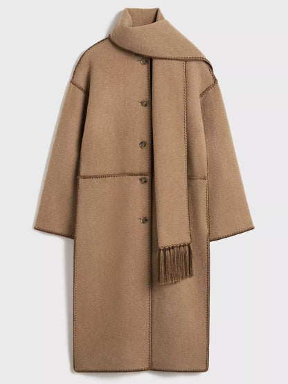 Embroidered Fringed Scarf Long Wool Coat in Camel - Coats