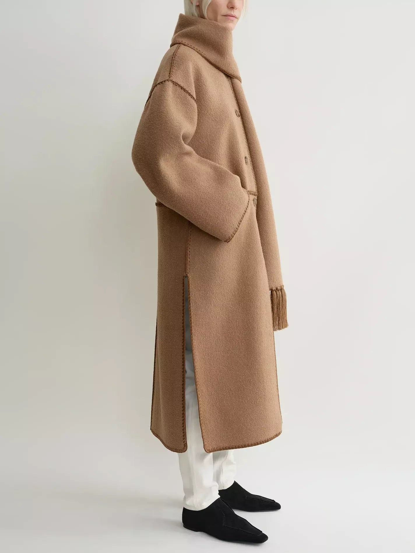 Embroidered Fringed Scarf Long Wool Coat in Camel - Coats