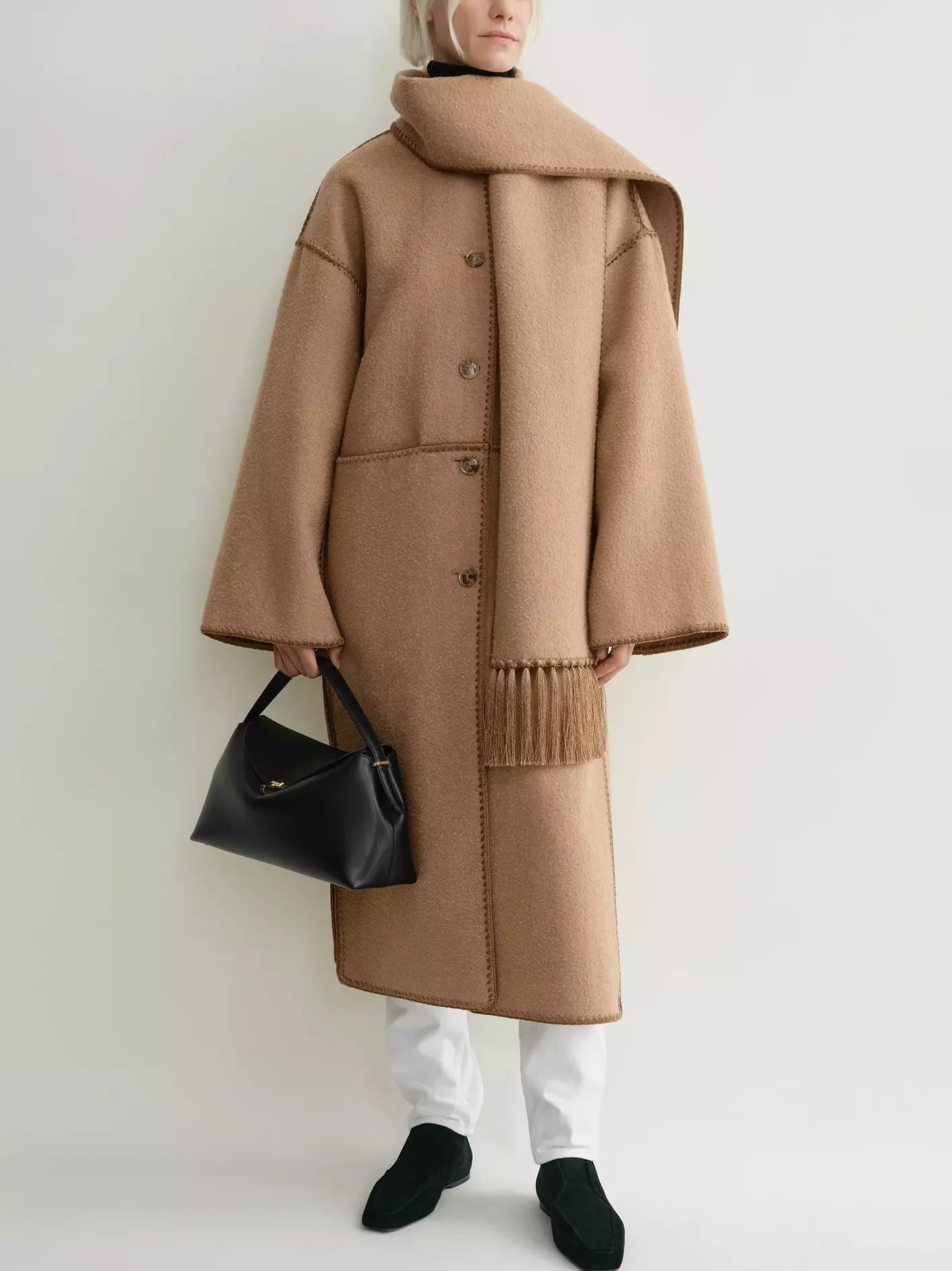 Embroidered Fringed Scarf Long Wool Coat in Camel - Coats