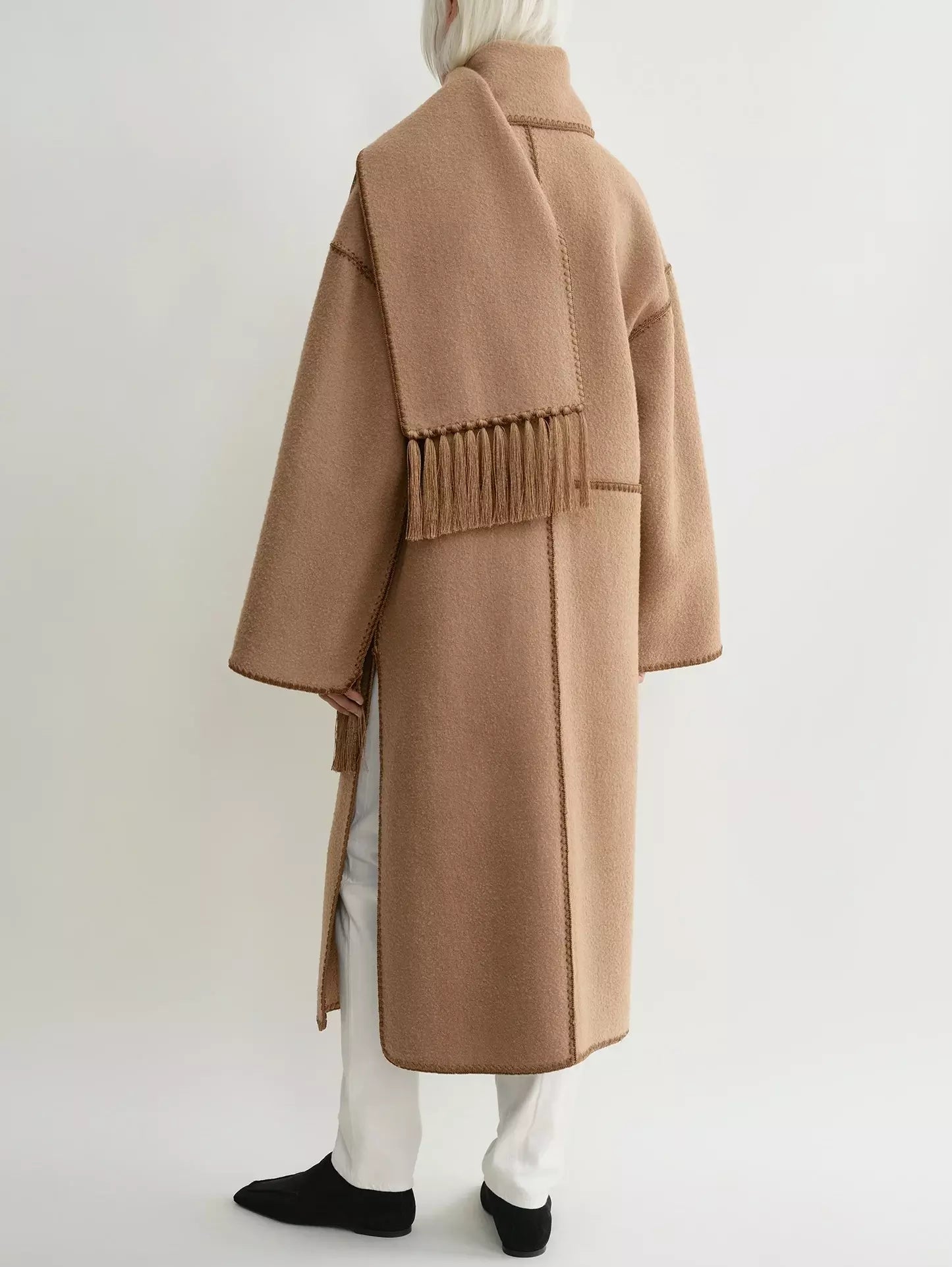 Embroidered Fringed Scarf Long Wool Coat in Camel - Coats