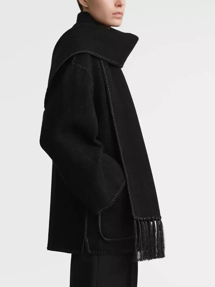 Embroidered Fringed Scarf Short Wool Coat in Black - Coats